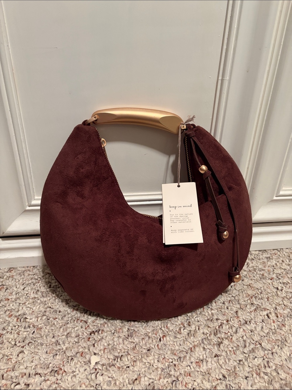a new day Suede Crescent Hobo in Deep Brown with Gold Handle